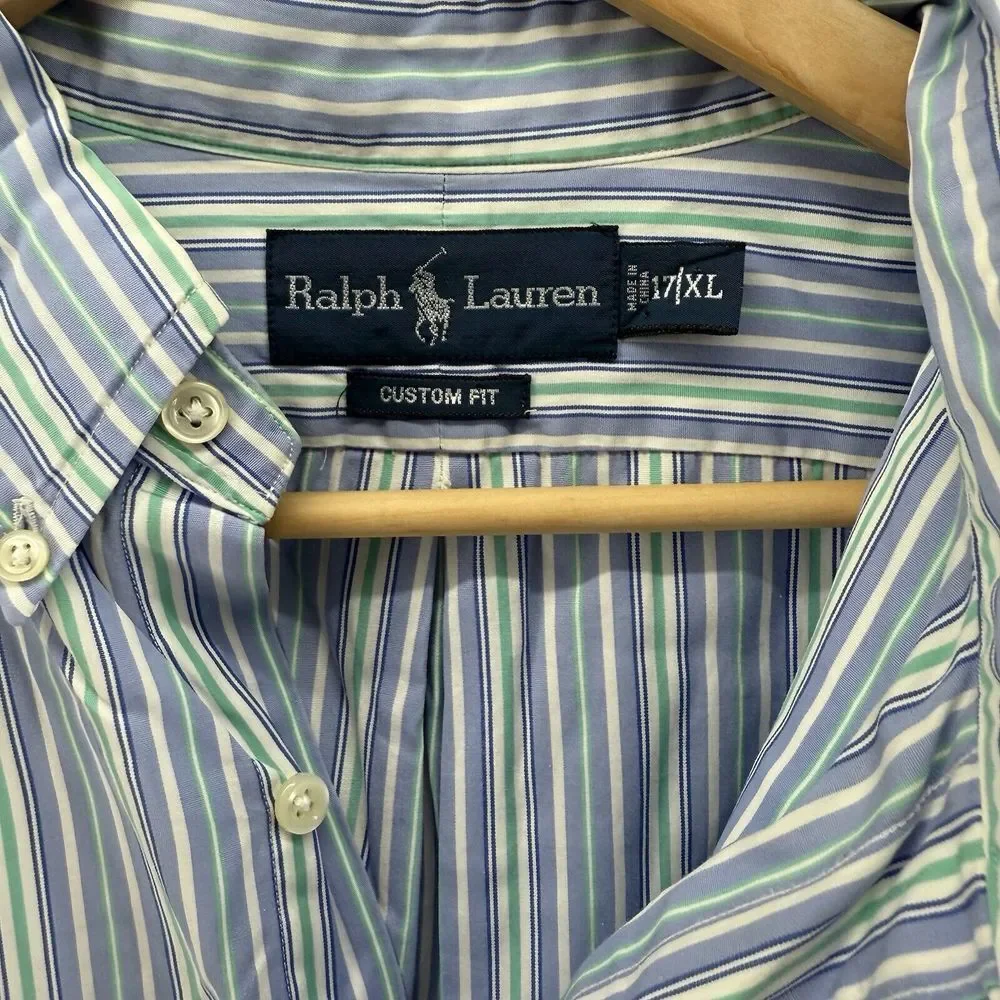 Ralph Lauren Custom‎ Fit Long Sleeve Button Shirt Men's 17 XL Blue Green Striped